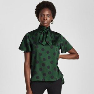 Zara Dark Green and Black Polka Dot Tie Blouse S